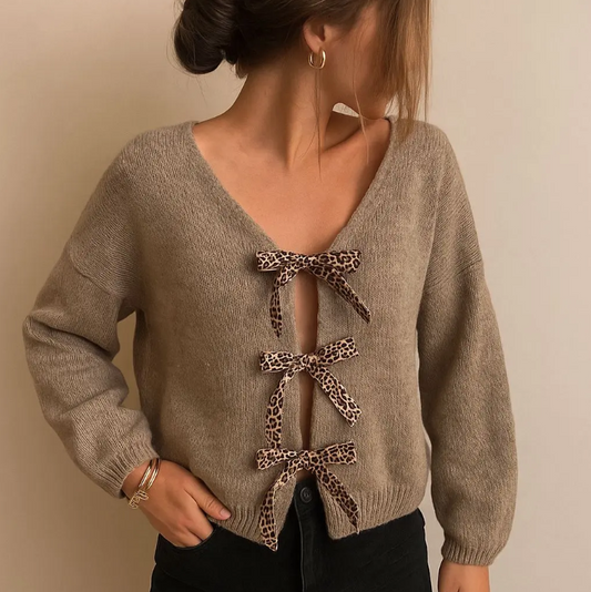 Cardigan à Nœuds Léopard – Effet Chic & Décontracté