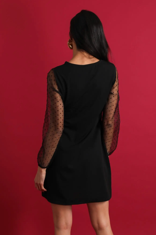 Robe noire chic à manches transparentes plumetis à pois